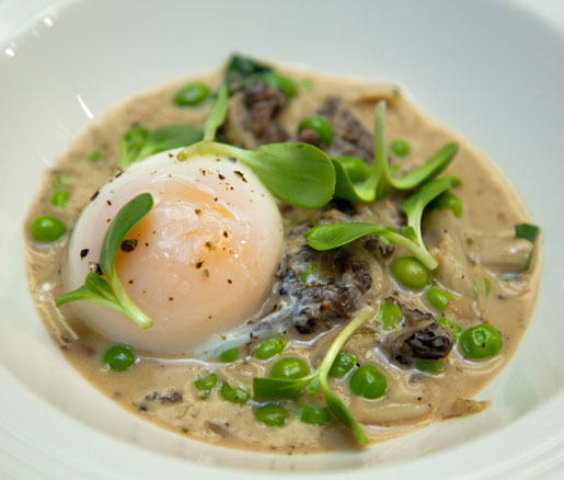 Chris DiMinno's recipe for wild mushroom stew with egg yolk, adapted by the James Beard Foundation