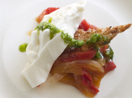 Kerry Heffernan's Housemade Burrata with Basquaise Peppers and Marjoram