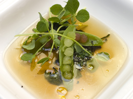 Pea Soup with Dashi, Burnt Pea Tendrils, and Honeydew Melon and Watermelon Balls