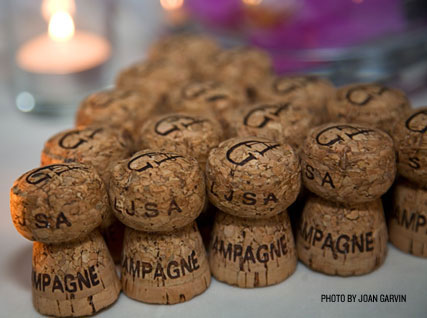 Champagne corks lined up at the Beard House.