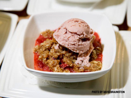 strawberry, Kentucky brie, and black walnut cobbler with blackberry–buttermilk ice cream and bourbon-smoked sea salt