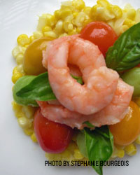 Poached Shrimp with Creamed Corn, Marinated Tomatoes, Butter Beans, and Basil