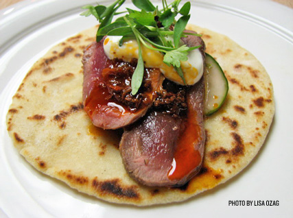 Seared Venison with Oak-Smoked White Jalapeño Salsa, Cucumber–Mint Salad, and Fennel Pollen Crema