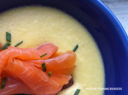 Chilled Corn Soup with Scallion Toasts and Smoked Salmon