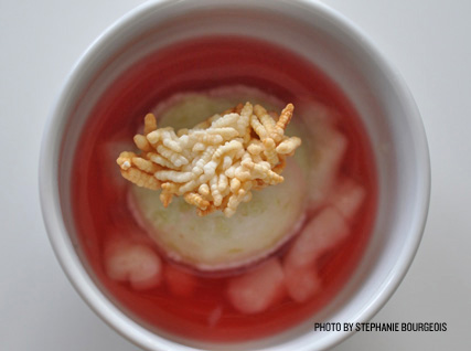 Recipe for Chilled Plum Soup with Green Grape Sorbet, Horchata Gelée, and Crispy Rice Clusters from the James Beard Foundation