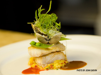 A stacked dish of bass served at a Beard House dinner. 