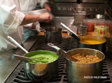 Pots simmering on the stove in the Beard House kitchen.