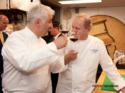 Guy Savoy and Joël Robuchon evaluate wine in the Four Seasons kitchen
