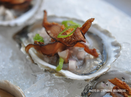 Oysters with Crisp Shiitakes, Scallions, and Roasted Shiitake Mignonette