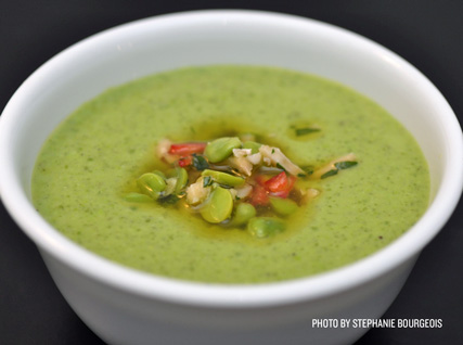 Chilled English Pea Soup with Fava Bean–Almond Salsa
