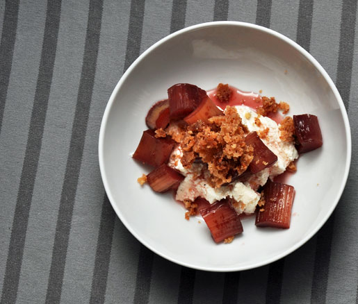 Ryan Bartlow's recipe for Port-Poached Rhubarb with Ricotta and Walnut Crumble, adpated by the James Beard Foundation