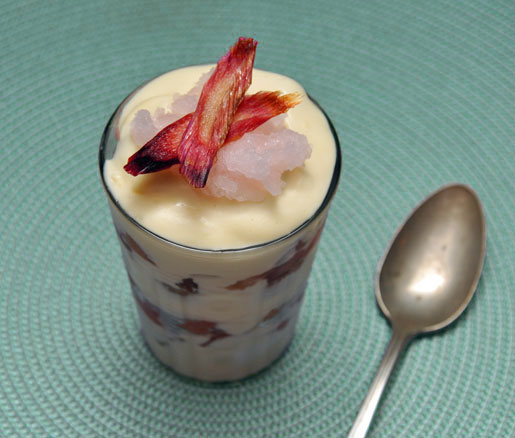 Aleishe Baska's recipe for Greek Yogurt Mousse with Poached and Candied Rhubarb, adapted by the James Beard Foundation