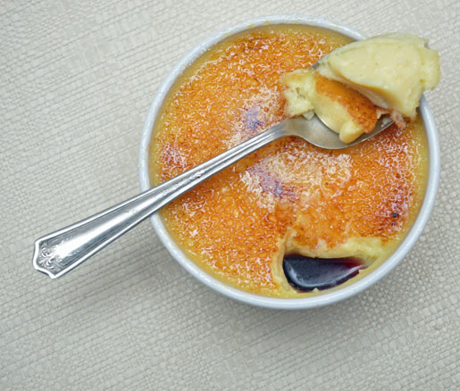 Recipe for white chocolate–cassis crème brûlée, adapted by the James Beard Foundation