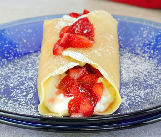 Cullen Campell's recipe for Crespelle with Red Wine Strawberries and Ricotta, adapted by the James Beard Foundation