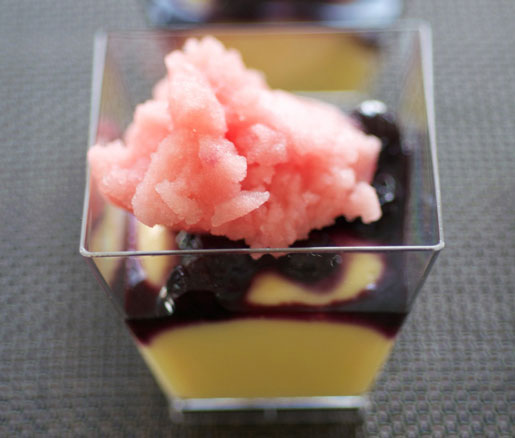 Lime Flan Parfait with Blueberries and Watermelon Granita