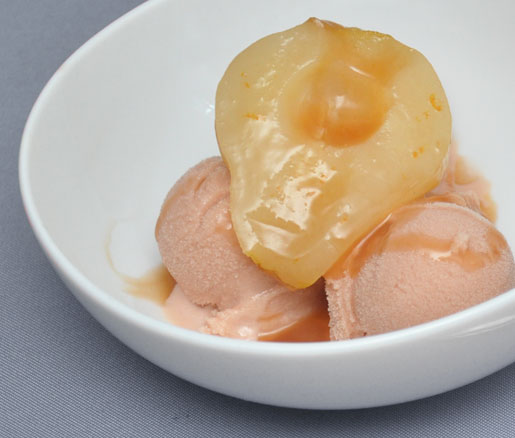Marc Forgione's recipe for poached pears with bitters–almond ice cream and caramel