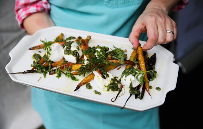 April Bloomfield's Roasted Carrots with Carrot Top Pesto and Burrata