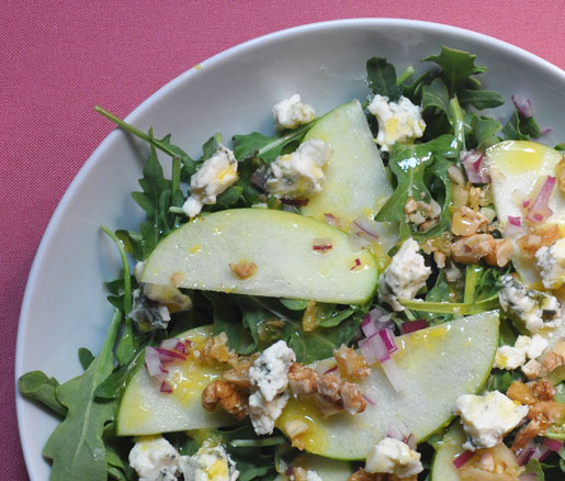 Recipe for candied walnut–apple salad with lemon vinaigrette, adapetd by the James Beard Foundation