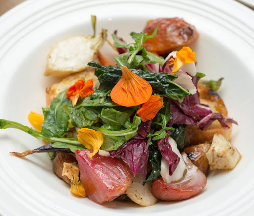 Roasted Baby Root Vegetables with Grilled Bread, Fall Greens, and Bagna Cauda Dressing