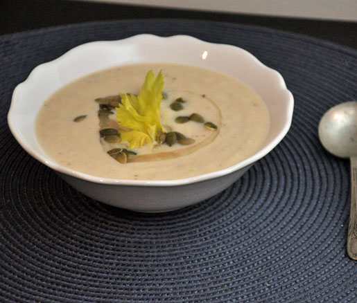 Celery Root Soup with Pumpkin Seeds and Celery Leaves 