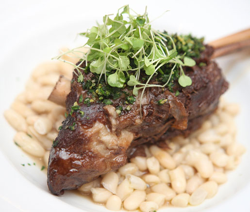 Adam Mali's recipe for Braised Lamb with Cannellini Beans and Lavender–Mint Gremolata. adapted by the James Beard Foundation