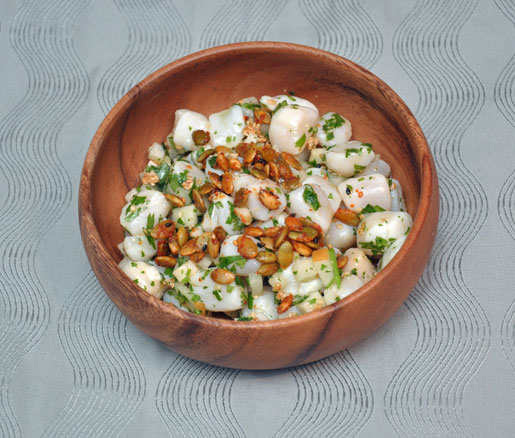 Recipe for scallop ceviche with pumpkin seeds and Asian pear, adapted by the James Beard Foundation