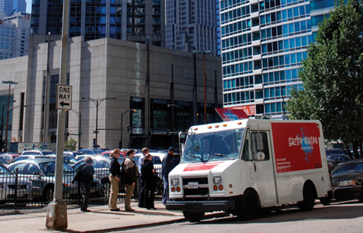 Chef Matt Maroni's food truck, the Gaztro-Wagon, parked in downtown Chicago 