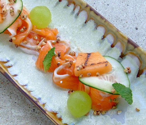 Cucumber-cured Arctic char with melon, mint, and kasha from Eventide Oyster Co. in Portland, Maine