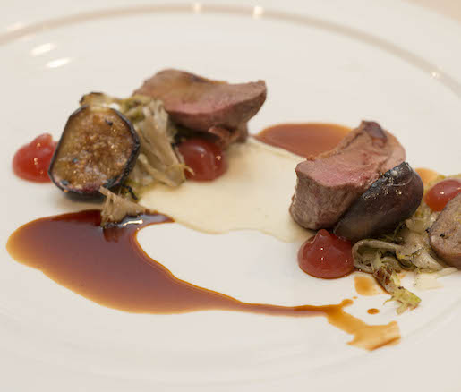 Roasted Squab Breast with Torched Figs, Charred Chicory, and Toasted Brioche Purée at the Beard House
