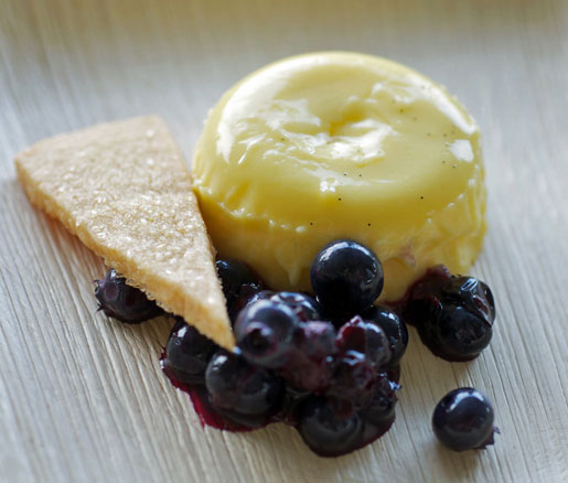 Karen DeMasco's recipe for Sweet Corn Budino with Blueberries and Cornmeal Shortbread, adpated by the James Beard Foundation