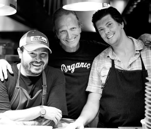 Sean Brock, Michel Nischan, and Joseph Lenn in the kitchen at Blackberry Farm