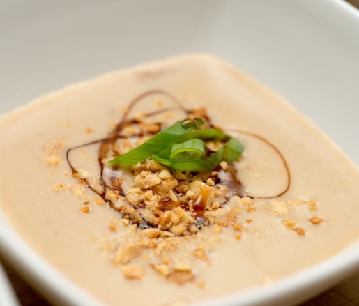 Recipe for Peanut Soup with Grilled Peaches, adpated by the James Beard Foundation