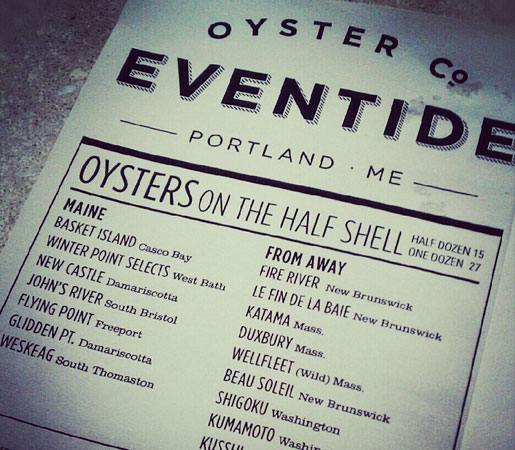 The oyster menu at Eventide in Portland, Maine