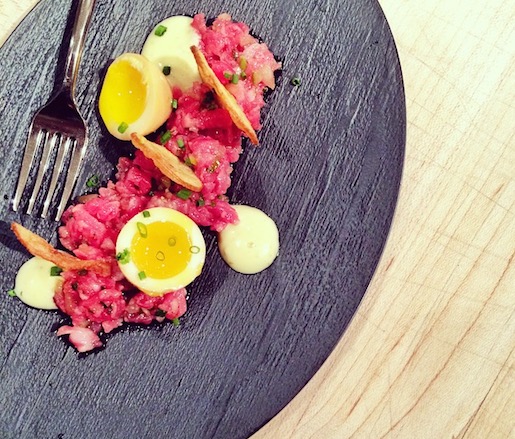 Prime Flank Steak Tartare with Marinated Quail Eggs, Yuzu Kosho, and Fingerling Potato Chips at the James Beard House