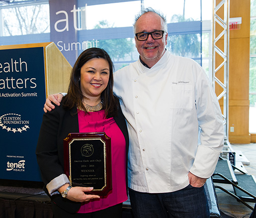 Victoria Phillips and Tony Mantuano, winners of the America Cooks with Chefs Competition
