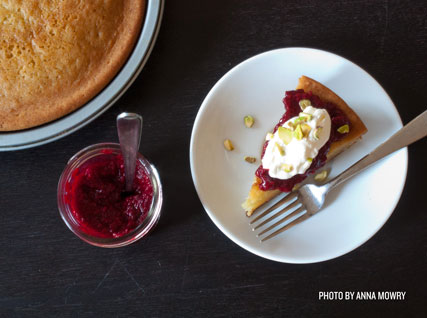 Olive Oil Cake with Raspberry–Lavender Jam, Whipped Crème Fraîche, and Pistachios