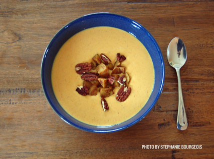 Butternut Squash Soup with Curried Pears and Toasted Pecans