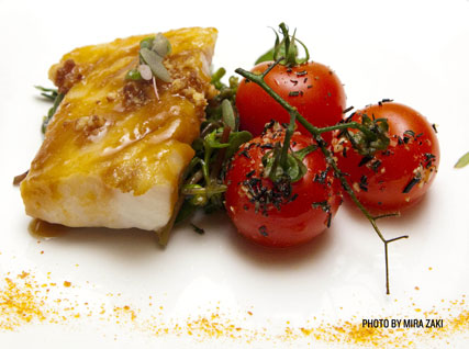 Habanero Cajeta–Glazed Black Cod with Macadamia Nuts, Tomatoes, and Greens