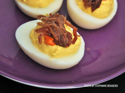 Deviled Eggs with Crispy Pork Belly and Smoked Paprika